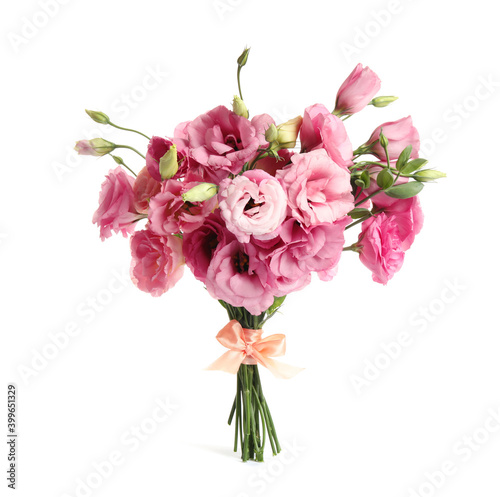 Beautiful bouquet of pink Eustoma flowers isolated on white