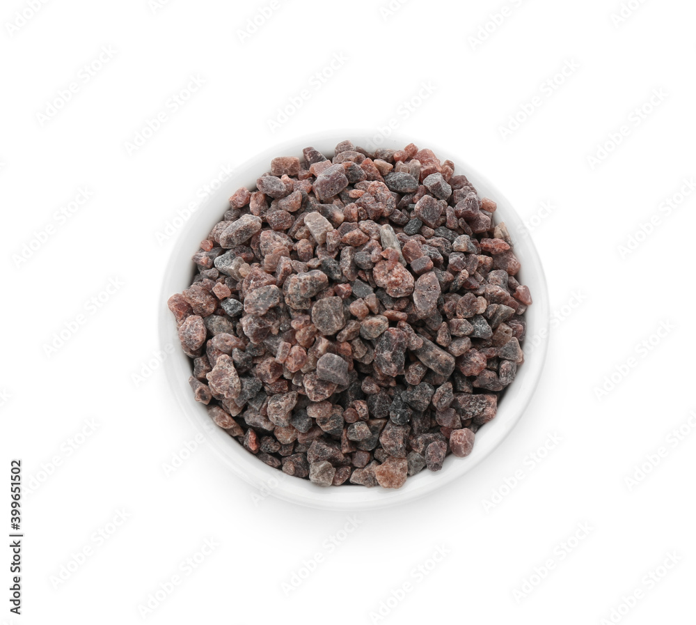 Bowl of Himalayan black salt isolated on white, top view Bowl of Himalayan black salt isolated on white, top view