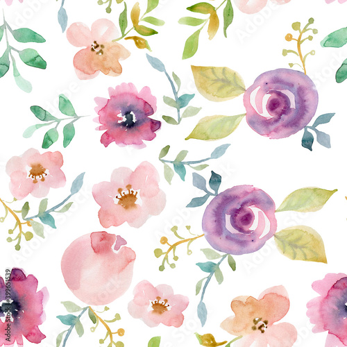 Beautiful seamless watercolour illustration wild blooming floral pattern, delicate flowers, pink, blue and light pink flowers, greeting card template on white background.