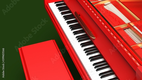 Red Grand Piano under Dark Green Background. 3D illustration. 3D high quality rendering. 3D CG.