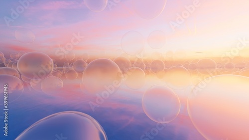 Fantasy sunset background of bubbles in air over water 3d render