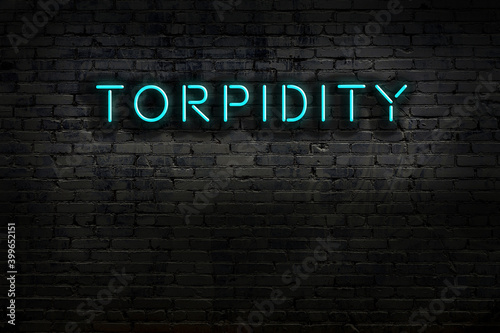 Neon sign. Word torpidity against brick wall. Night view photo