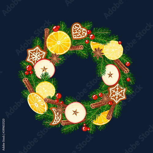 New year and Christmas wreath isolated on dark blue background. Vector illustration.