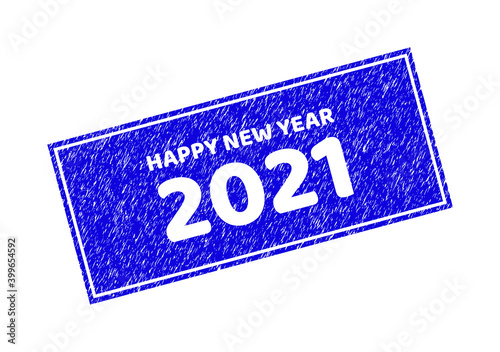 Grunge HAPPY NEW YEAR 2021 rectangle stamp seal. HAPPY NEW YEAR 2021 carved shape label is located inside rectangle with border. Rectangular seal with grunge texture in blue color. photo