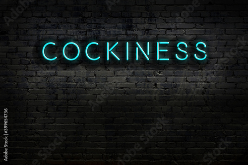 Neon sign. Word cockiness against brick wall. Night view photo