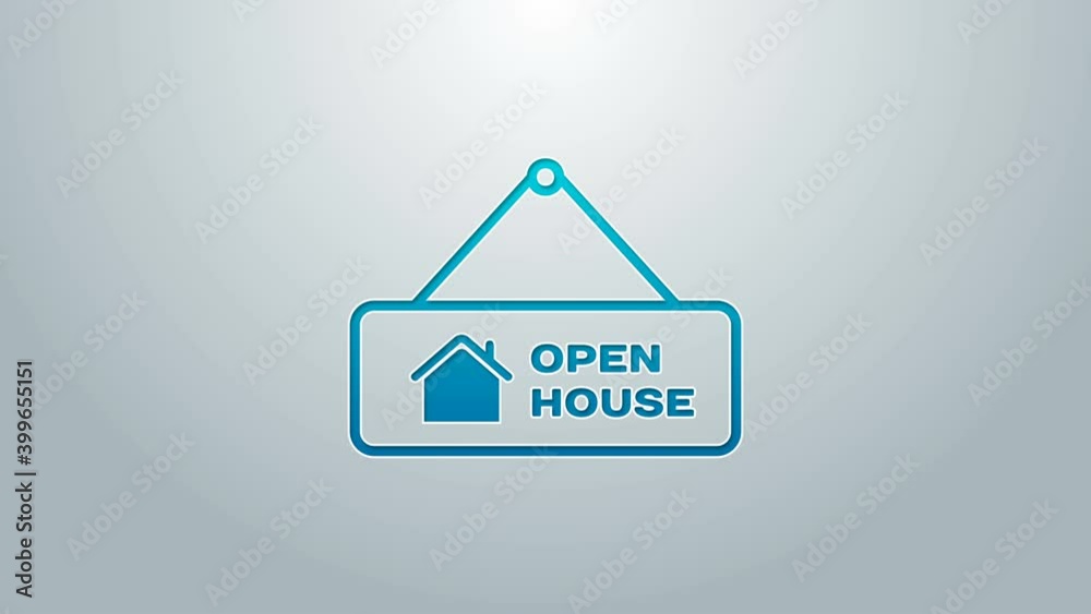 Blue line Hanging sign with text Open house icon isolated on grey background. Signboard with text Open house. 4K Video motion graphic animation Blue line Hanging sign with text Open house icon isolated on grey background. Signboard with text Open house. 4K Video motion graphic animation