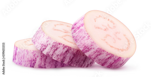 Isolated aubergine pieces. Three slices of purple eggplant in a row isolated on white background