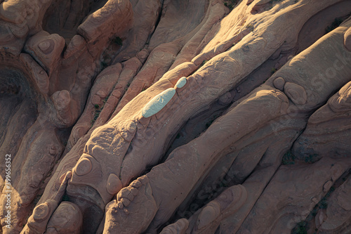 Rock structures of the arches in the Arches National Park, Moab directly from above. Aerail view.