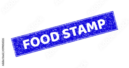 Grunge FOOD STAMP rectangle watermark. FOOD STAMP hole label is located inside rectangle with border. Rectangular seal with grunge texture in blue color.
