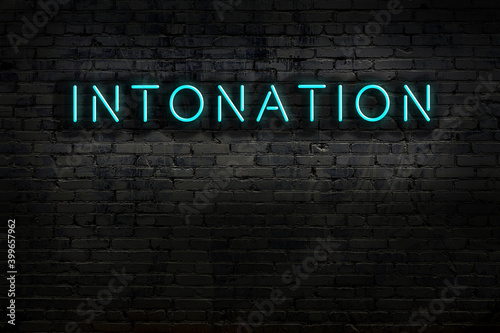 Neon sign. Word intonation against brick wall. Night view