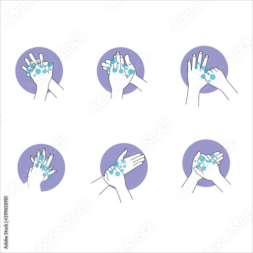 set of symbols. Vector illustrations of hand washing with water soap on palms