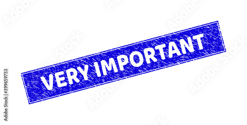 Grunge VERY IMPORTANT rectangle stamp seal. VERY IMPORTANT subtraction label is located inside rectangle with frame. Rectangular seal with grunge texture in blue color.
