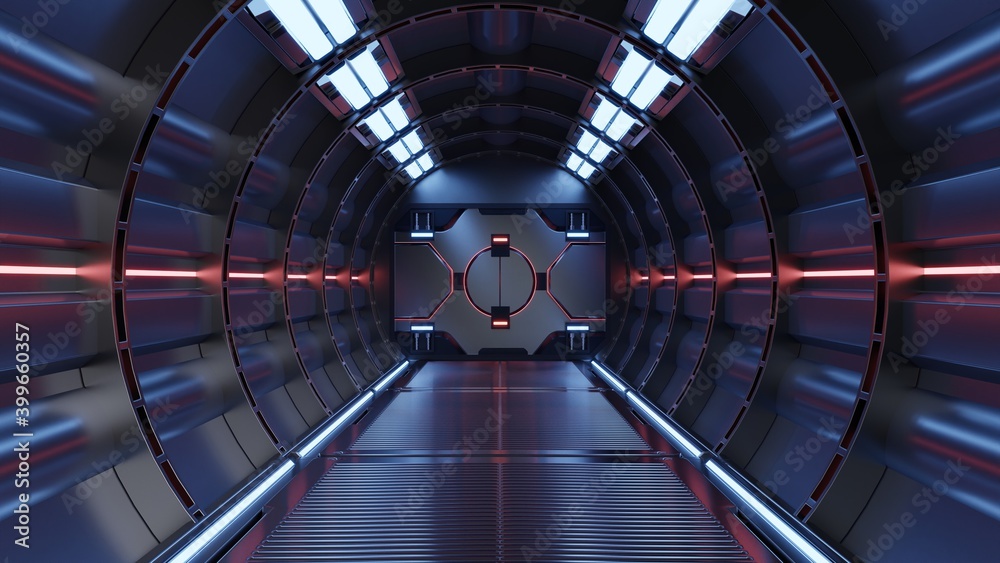 Science background fiction interior rendering sci-fi spaceship corridors red light. Science background fiction interior rendering sci-fi spaceship corridors red light.
