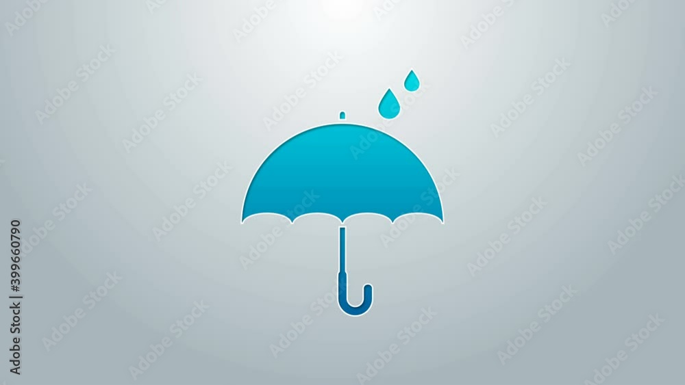 Blue line Umbrella and rain drops icon isolated on grey background. Waterproof icon. Protection, safety, security concept. Water resistant symbol. 4K Video motion graphic animation Blue line Umbrella and rain drops icon isolated on grey background. Waterproof icon. Protection, safety, security concept. Water resistant symbol. 4K Video motion graphic animation