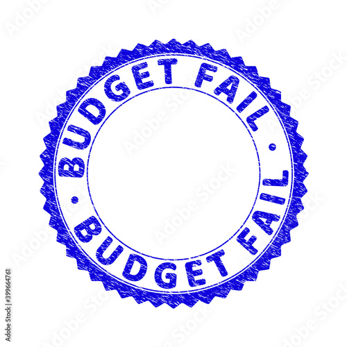Grunge BUDGET FAIL round rosette stamp seal. Empty space inside circle. Vector blue rubber imitation of BUDGET FAIL title inside round rosette. Stamp seal with dust texture.
