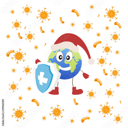 Cure the corona virus. Earth in the Christmas and New Year holidays against the virus. The earth is fighting the coronavirus. end of 2019-ncov. vector illustration