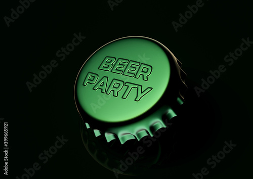 Beer bottle green cap on black background with beer party embossed lettering. 3D rendering illustration, close-up view