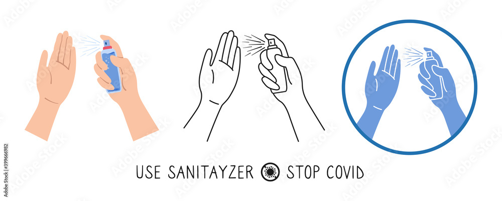 Icon hands holds antibacterial, antiviral spray set, cartoon line and glyph style. Stop Coronavirus. Washing hands, antibacterial use sanitary antiseptic. Flat against covid virus. Vector illustration