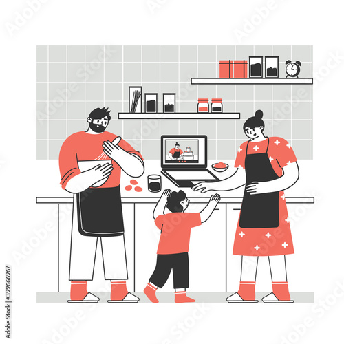 The family cooks a meal together. Cooking with a laptop, remotely via the Internet.