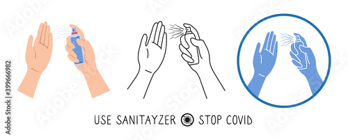 Icon hands holds antibacterial, antiviral spray set, cartoon line and glyph style. Stop Coronavirus. Washing hands, antibacterial use sanitary antiseptic. Flat against covid virus. Vector illustration