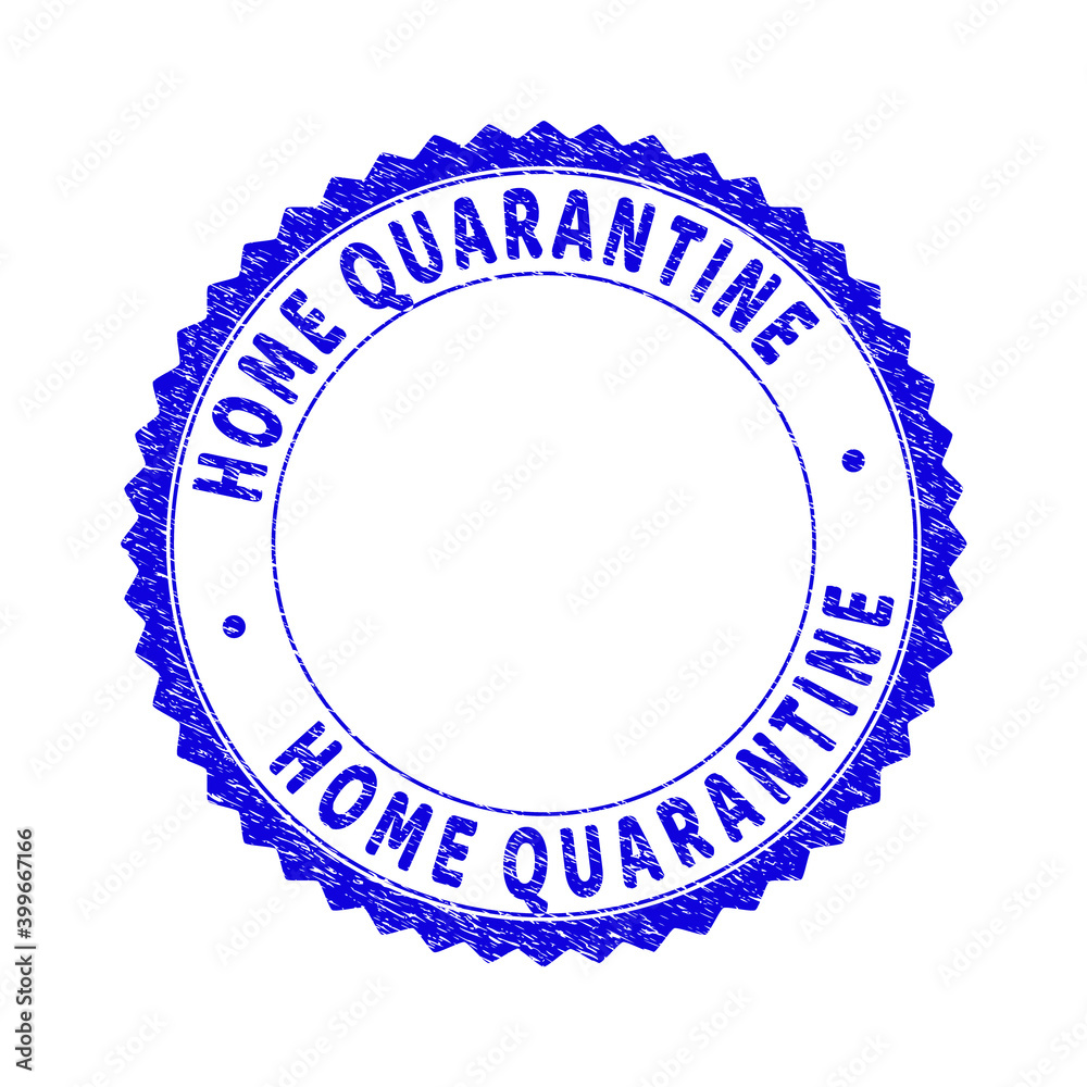 Grunge HOME QUARANTINE round rosette stamp seal. Copy space inside circle. Vector blue rubber imitation of HOME QUARANTINE label inside round rosette. Stamp seal with corroded texture.