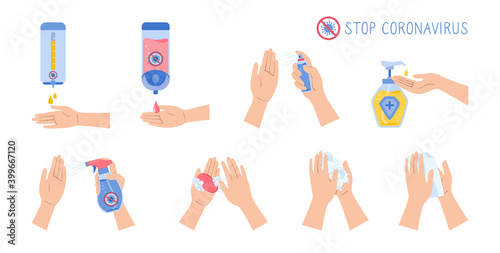 Hands use spray sanitizer, wash soap, against covid virus cartoon set. Coronavirus infographic flat disinfection sanitizer wall bottles, antiseptic gel collection. Isolated vector illustration