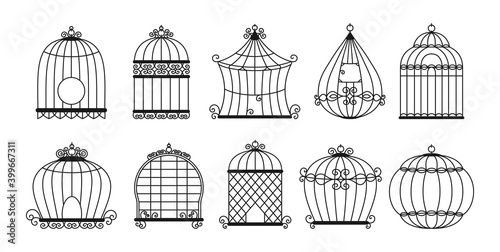 Birdcages black silhouette set. Vintage cage without birds collection. Simple products for keeping home. Monochrome decorative isolated vector illustration