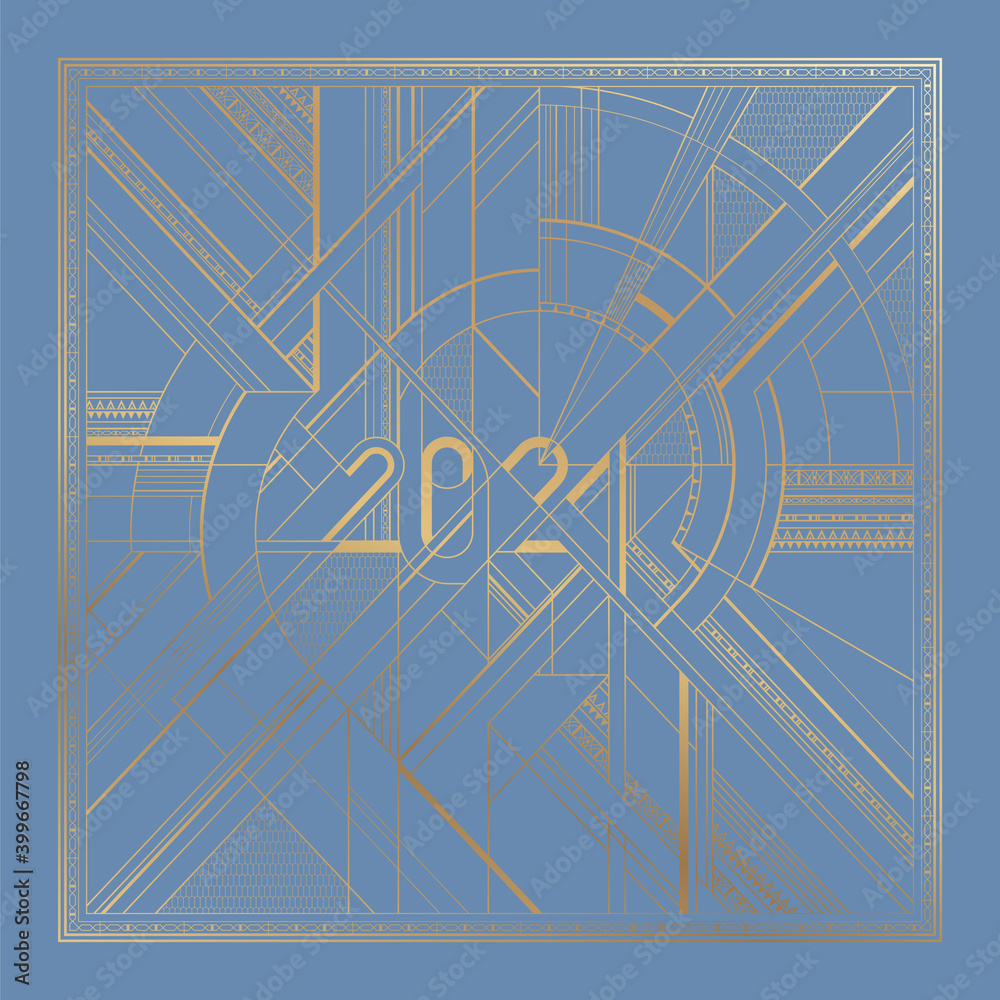 Fototapeta premium Gold art deco 2021 new year frame on blue background