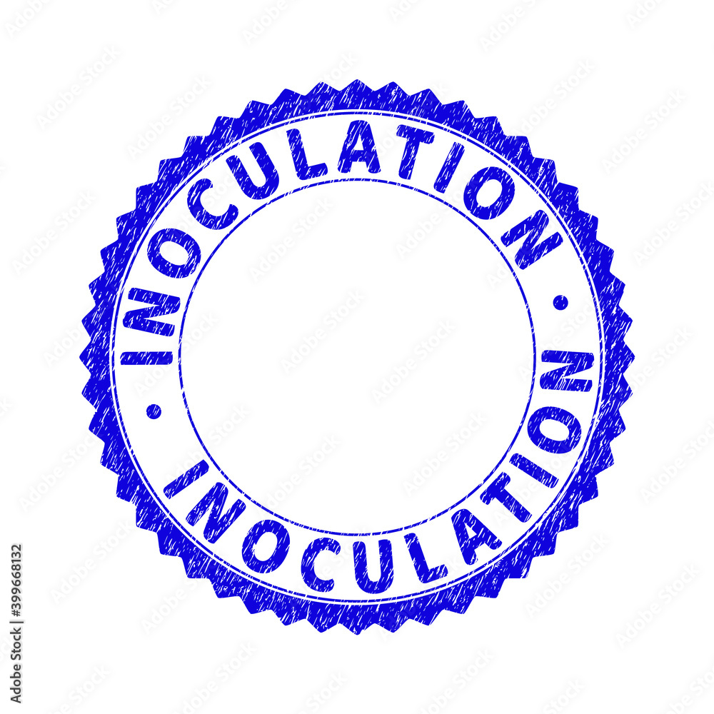 Grunge INOCULATION round rosette stamp seal. Empty space inside circle. Vector blue rubber watermark of INOCULATION label inside round rosette. Stamp seal with grunge texture. Grunge INOCULATION round rosette stamp seal. Empty space inside circle. Vector blue rubber watermark of INOCULATION label inside round rosette. Stamp seal with grunge texture.