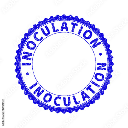 Grunge INOCULATION round rosette stamp seal. Empty space inside circle. Vector blue rubber watermark of INOCULATION label inside round rosette. Stamp seal with grunge texture.