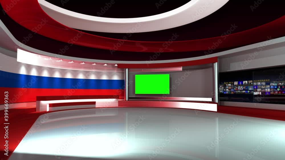 TV studio. Russia. Russian flag. News studio. Loop animation. Background for any green screen or chroma key video production. 3d render. 3d TV studio. Russia. Russian flag. News studio. Loop animation. Background for any green screen or chroma key video production. 3d render. 3d