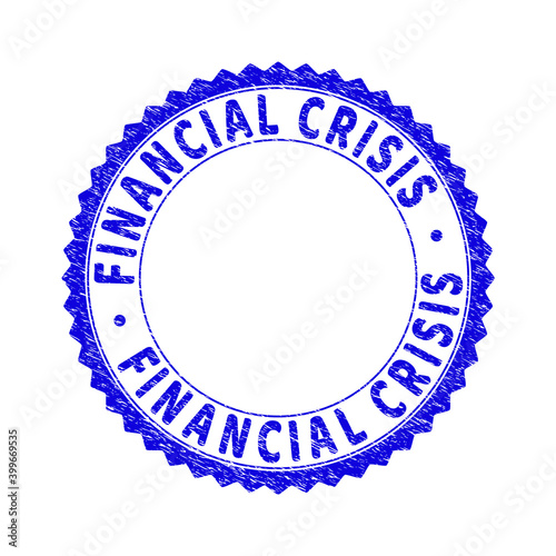 Grunge FINANCIAL CRISIS round rosette stamp seal. Copy space inside circle. Vector blue rubber watermark of FINANCIAL CRISIS tag inside round rosette. Stamp seal with unclean style.