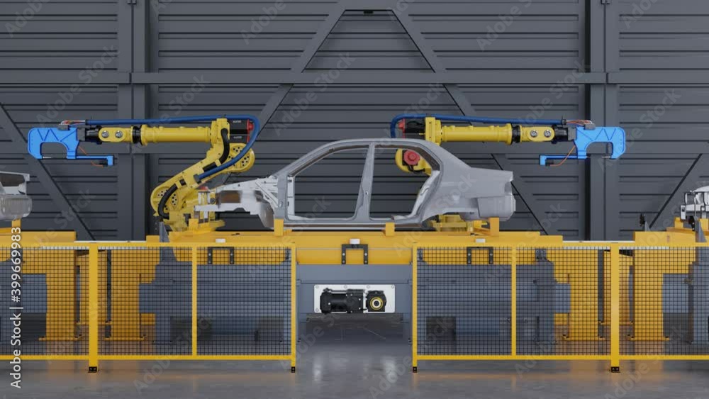 Car frame on slide conveyor on the Automobile Plant with Spot Welding Robots. Car frame on slide conveyor on the Automobile Plant with Spot Welding Robots.