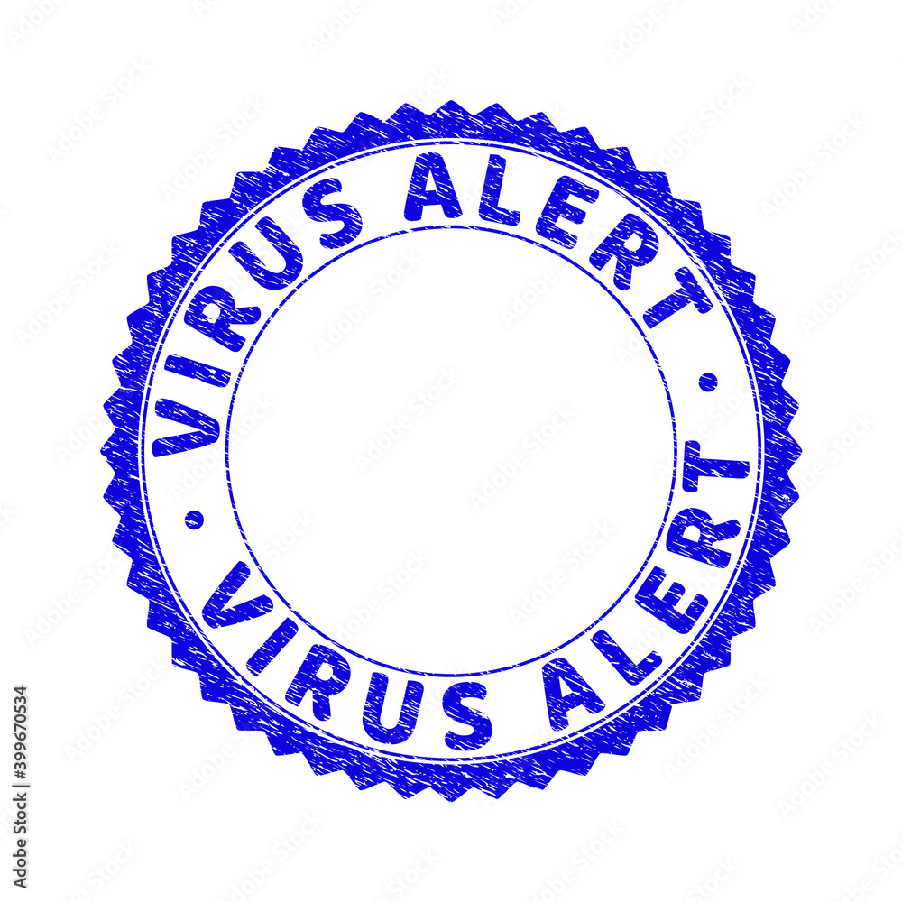 Grunge VIRUS ALERT round rosette stamp seal. Copy space inside circle. Vector blue rubber watermark of VIRUS ALERT caption inside round rosette. Stamp seal with unclean texture.