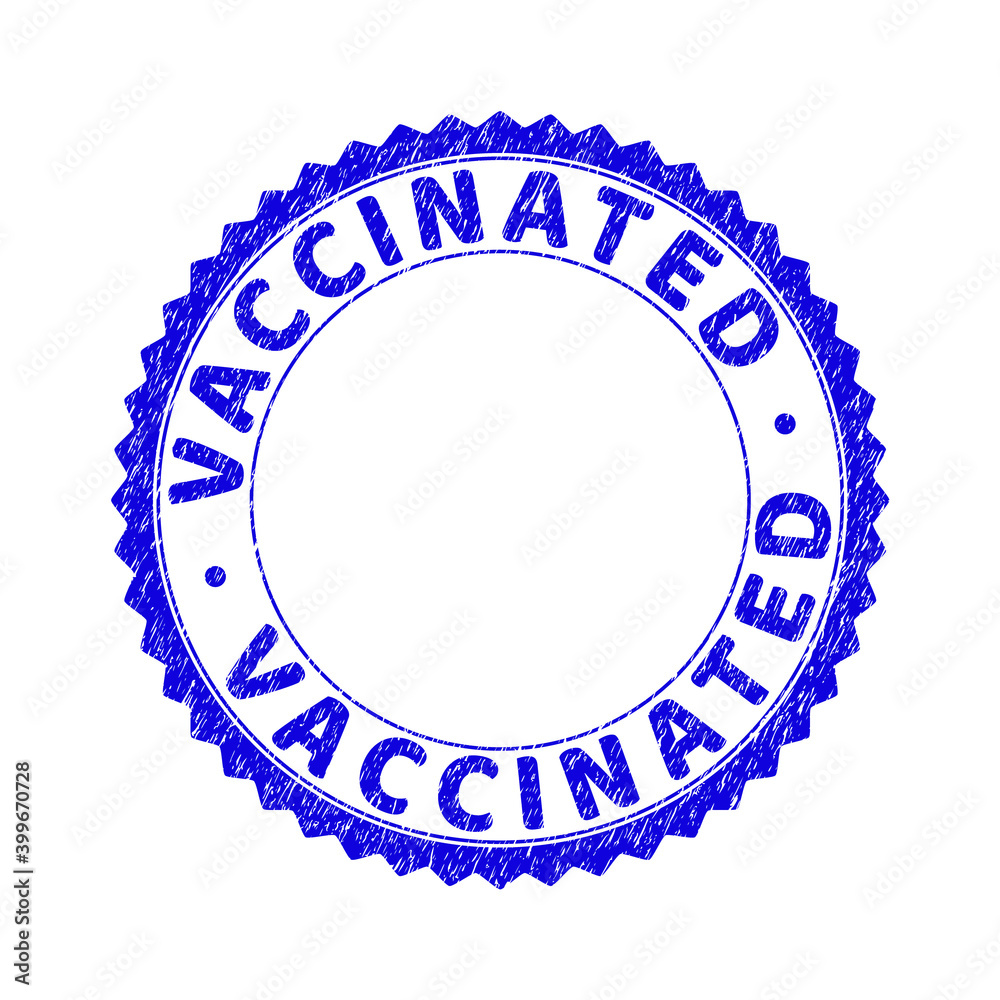 Grunge VACCINATED round rosette stamp seal. Empty space inside circle. Vector blue rubber imitation of VACCINATED tag inside round rosette. Stamp seal with dust style. Grunge VACCINATED round rosette stamp seal. Empty space inside circle. Vector blue rubber imitation of VACCINATED tag inside round rosette. Stamp seal with dust style.
