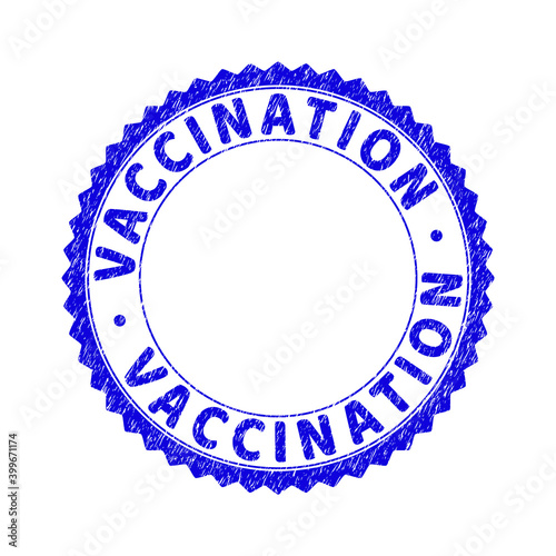 Grunge VACCINATION round rosette stamp seal. Copy space inside circle. Vector blue rubber imprint of VACCINATION text inside round rosette. Stamp seal with grunge texture.