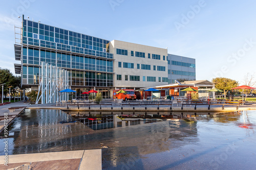Mountain View, California, USA - March 28, 2018: Exterior view of Google headquarters campus in Silicon Valley . Google is an American technology company in Internet-related services and products.