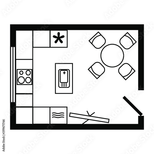 U-shape kitchen with island configuration floor plan. Furniture and equipment placement example scheme. Line icon for website about design or architecture. Vector isolated. Fridge, sink, table, chair.
