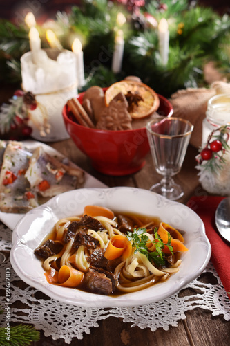 traditional mushroom soup with noodles for Christmas Eve supper