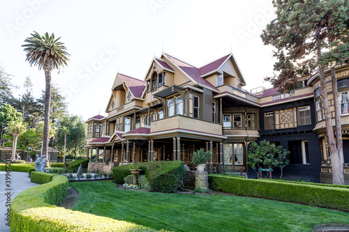 Exterior of Winchester Mystery House in San Jose, California, USA. The Winchester Mystery House was once the personal residence of Sarah Winchester.
