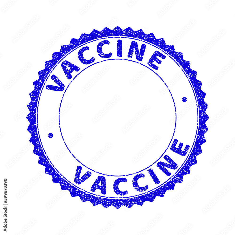 Grunge VACCINE round rosette stamp. Copy space inside circle. Vector blue rubber overlay of VACCINE caption inside round rosette. Stamp seal with dust texture. Seal with grunge texture in blue color. Grunge VACCINE round rosette stamp. Copy space inside circle. Vector blue rubber overlay of VACCINE caption inside round rosette. Stamp seal with dust texture. Seal with grunge texture in blue color.