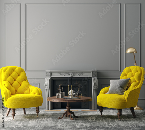 Elegant dark grey interior with bright yellow armchairs, colors of the year 2021, 3d render