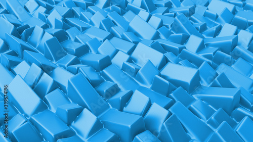 Abstract background with blue cubes, geometric low-poly installation. Geometric bricks shapes with rounded edges. Modern background template for documents, reports and presentations. 3d rendering