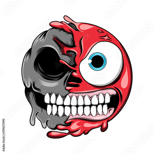The angry expression with the big eyes changes to the dark skull emoticon