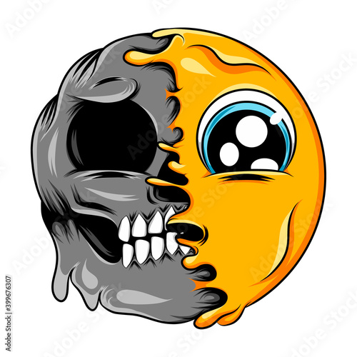 Sad expression with the big eyes changes to the dark face emoticon