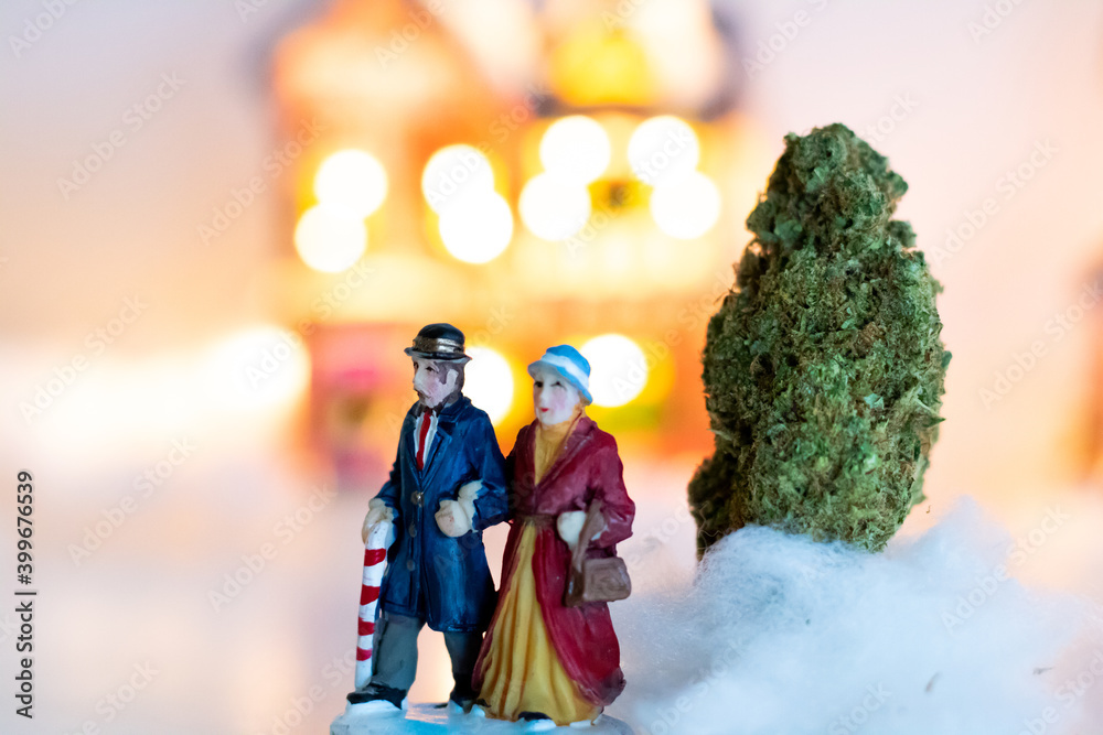 Cannabis tree in festive holiday snow scene