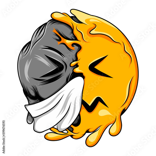 A pale face expression with sneezing and snot on his face changes to dark skull pale emoticon