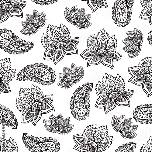 Black and white seamless psychedelic pattern with floral and paisley elements.