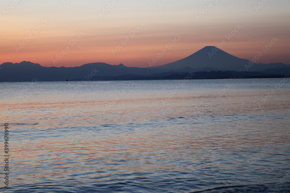 Mt. fuji view from beach at dusk