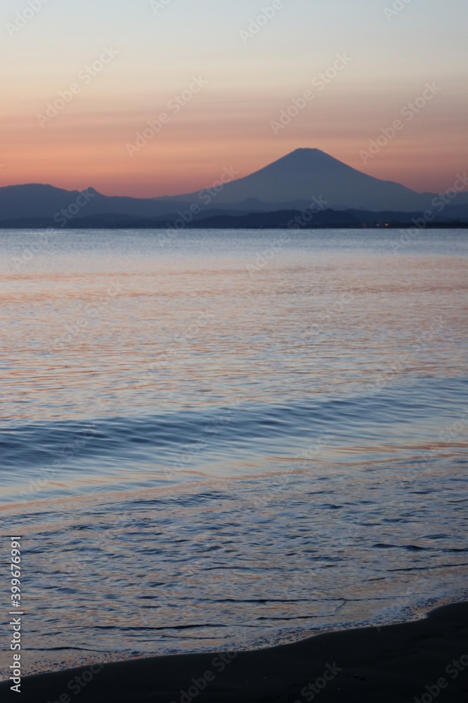 Mt. fuji view from beach at dusk